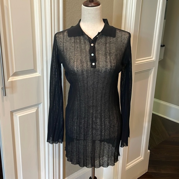 Zara Semi Sheer Rib Knit Longline Polo Black M - Picture 2 of 10